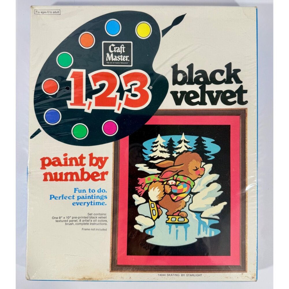 Craft Master 123 Black Velvet Paint By Number Skating By Starlight Art Kit 1975